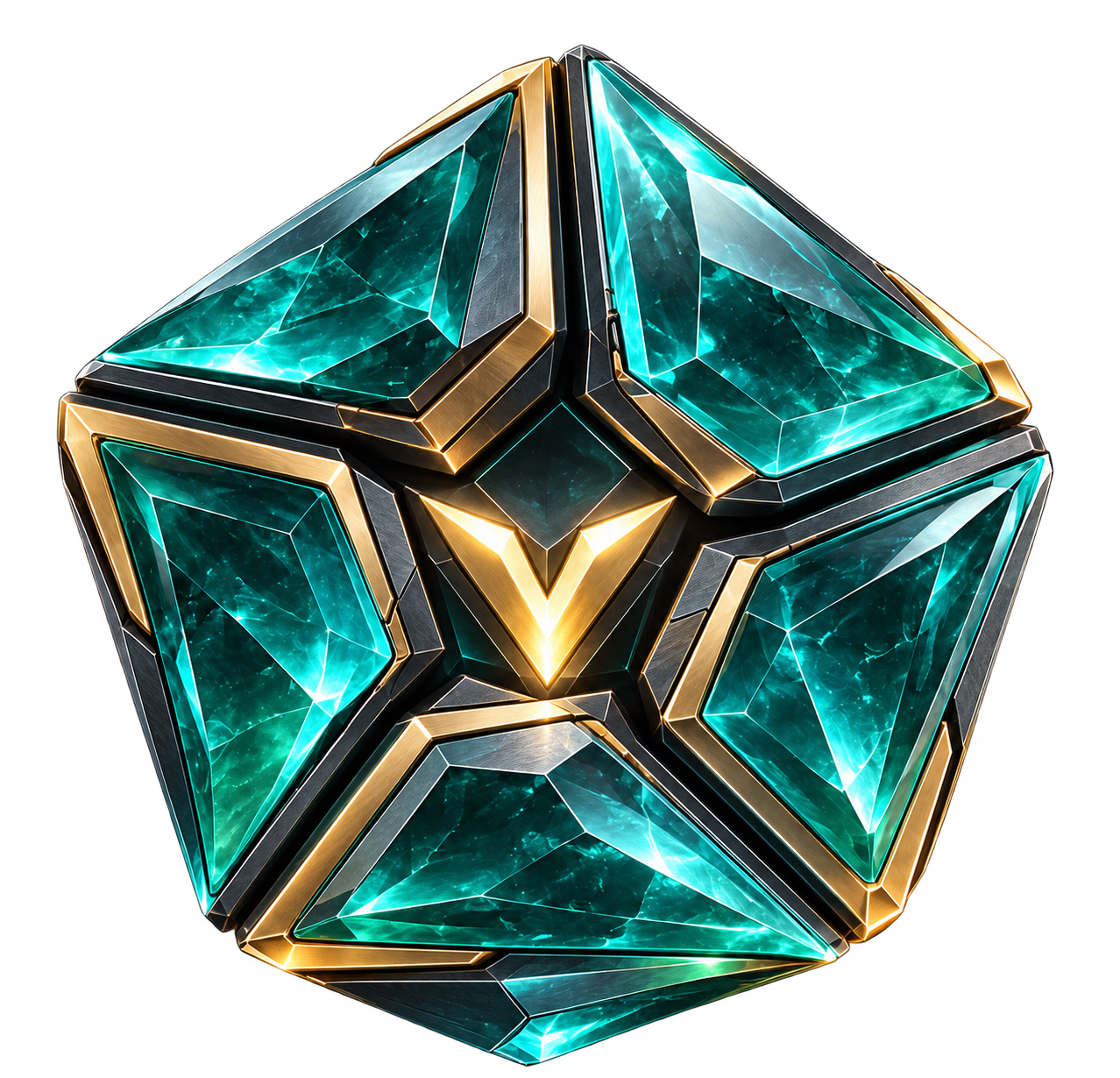 Núcleo VOLTIA completo, formado por cinco peças de cristal verde-água e metal dourado